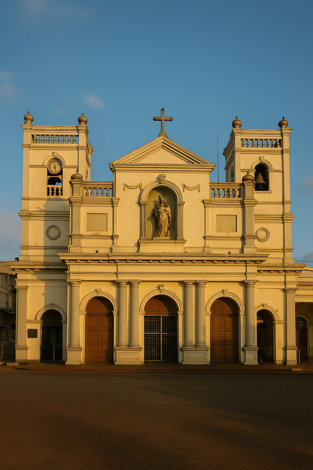 Front façade of St. Anthony’s Shrine in Colombo, Sri Lanka, photographed in soft morning light, symbolizing remembrance and the ongoing need for national security reform.
