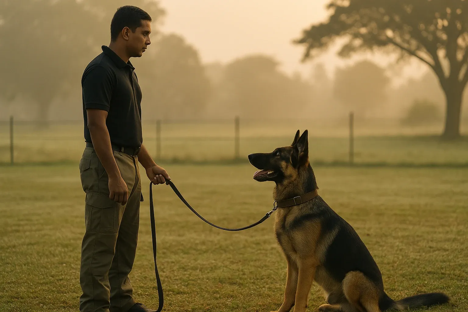 Handler and working dog in a calm focus-training session at VONFIDEL K9, demonstrating relational communication and neutral working posture.