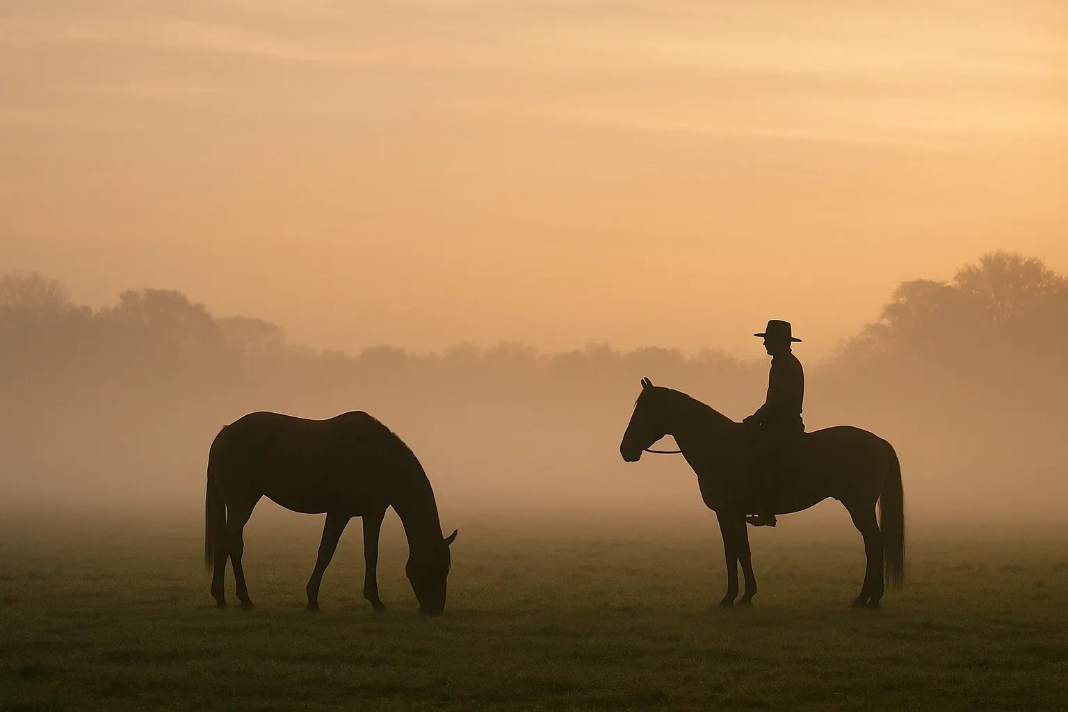 Silhouette of a rider and horse at sunrise in soft golden mist at Vonfidel Ranch, symbolizing calm authority and trust-based horsemanship.