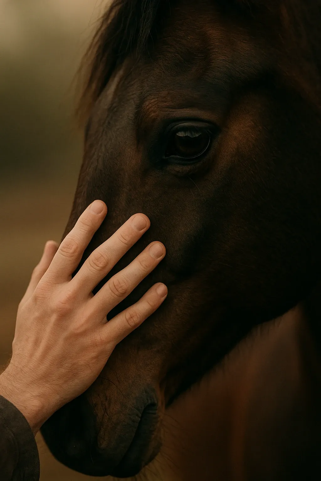 Close-up of a horse’s eye and a human hand resting gently on its face, symbolizing calm presence and trust-based leadership at Vonfidel Ranch.