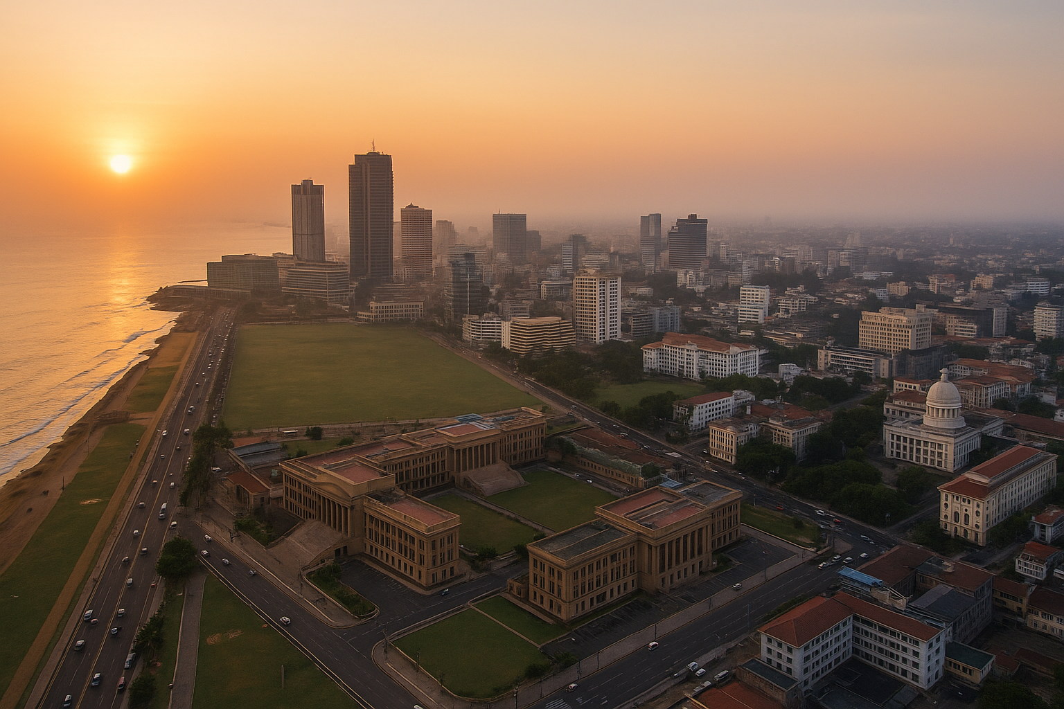 Aerial view of Colombo at sunrise, symbolizing Sri Lanka’s national security institutions and intelligence framework.