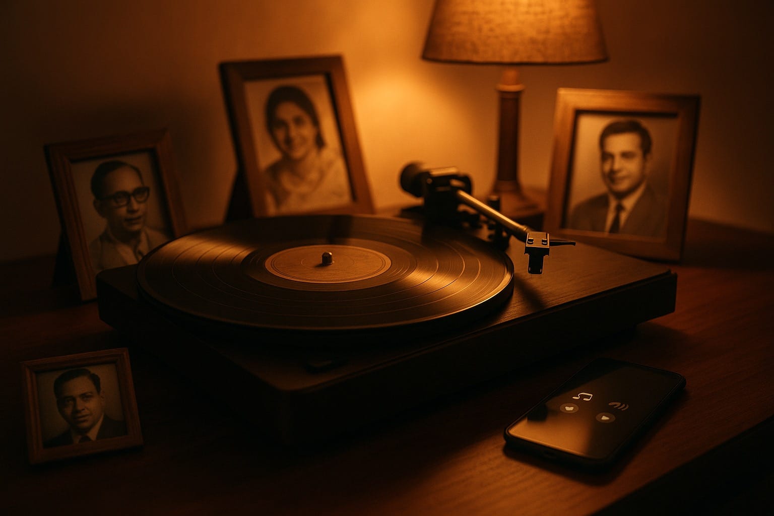 Vintage record player spinning under warm light beside smartphone streaming icons — symbolizing nostalgia, memory, and how every generation returns to its golden age of sound.