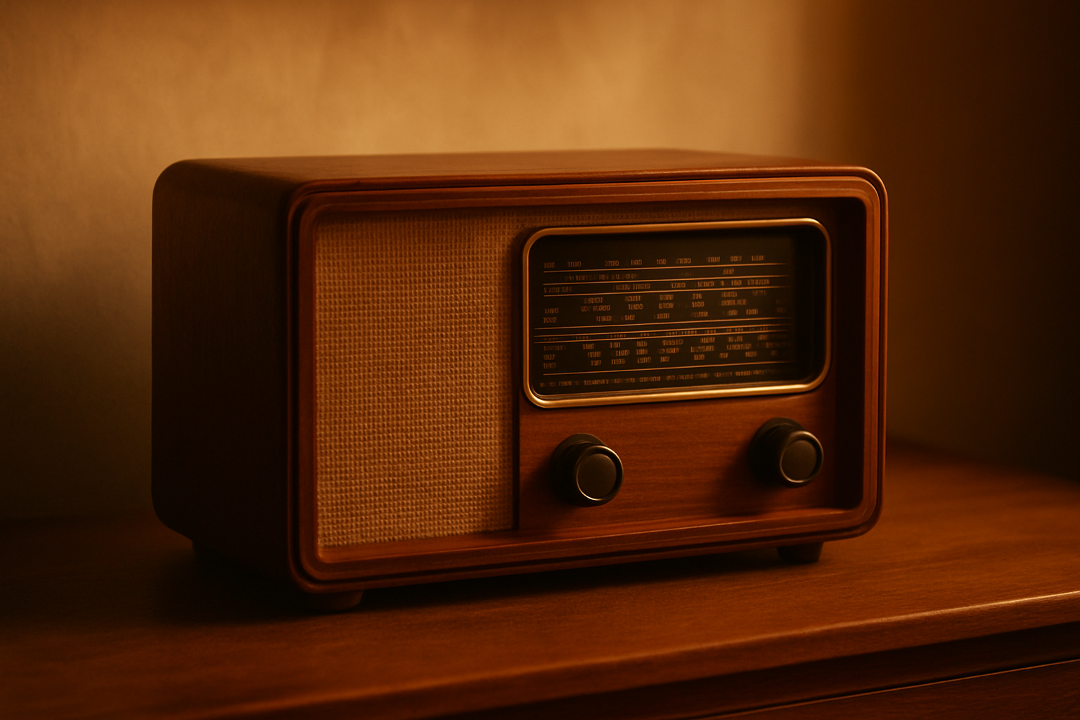 Warmly lit vintage wooden radio on a wooden table, captured in soft amber light, evoking quiet storytelling and nostalgic radio culture.
