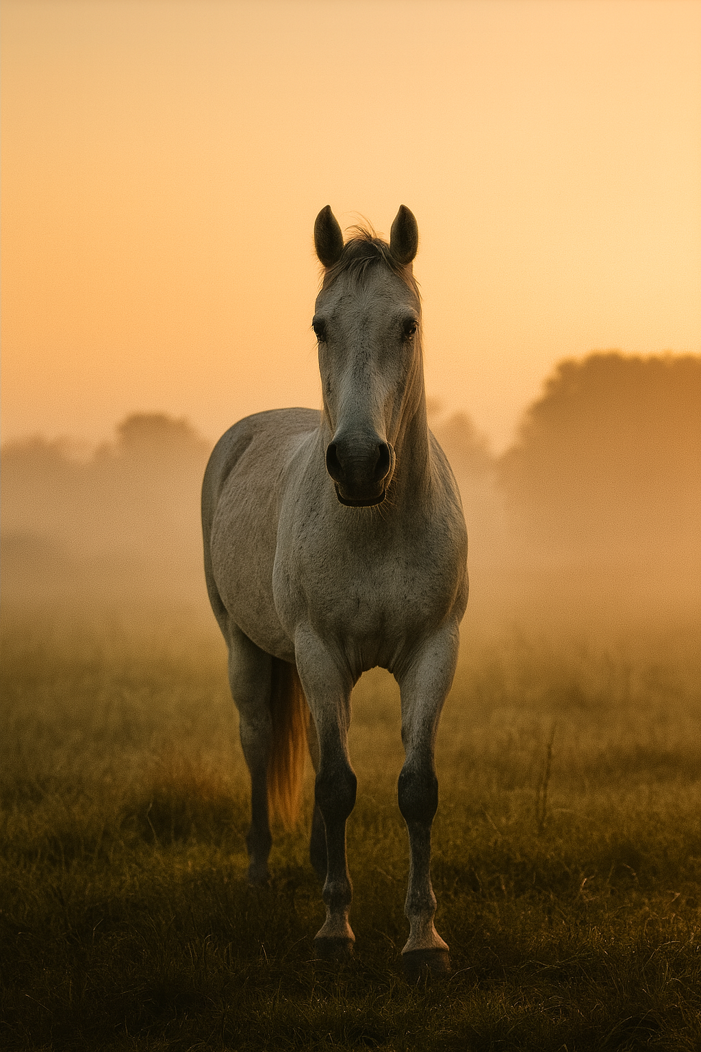 White Vonfidel Ranch horse standing in a misty sunrise field, facing forward with calm confidence; an editorial image symbolizing trust, clarity, and behavioural intelligence in leadership.
