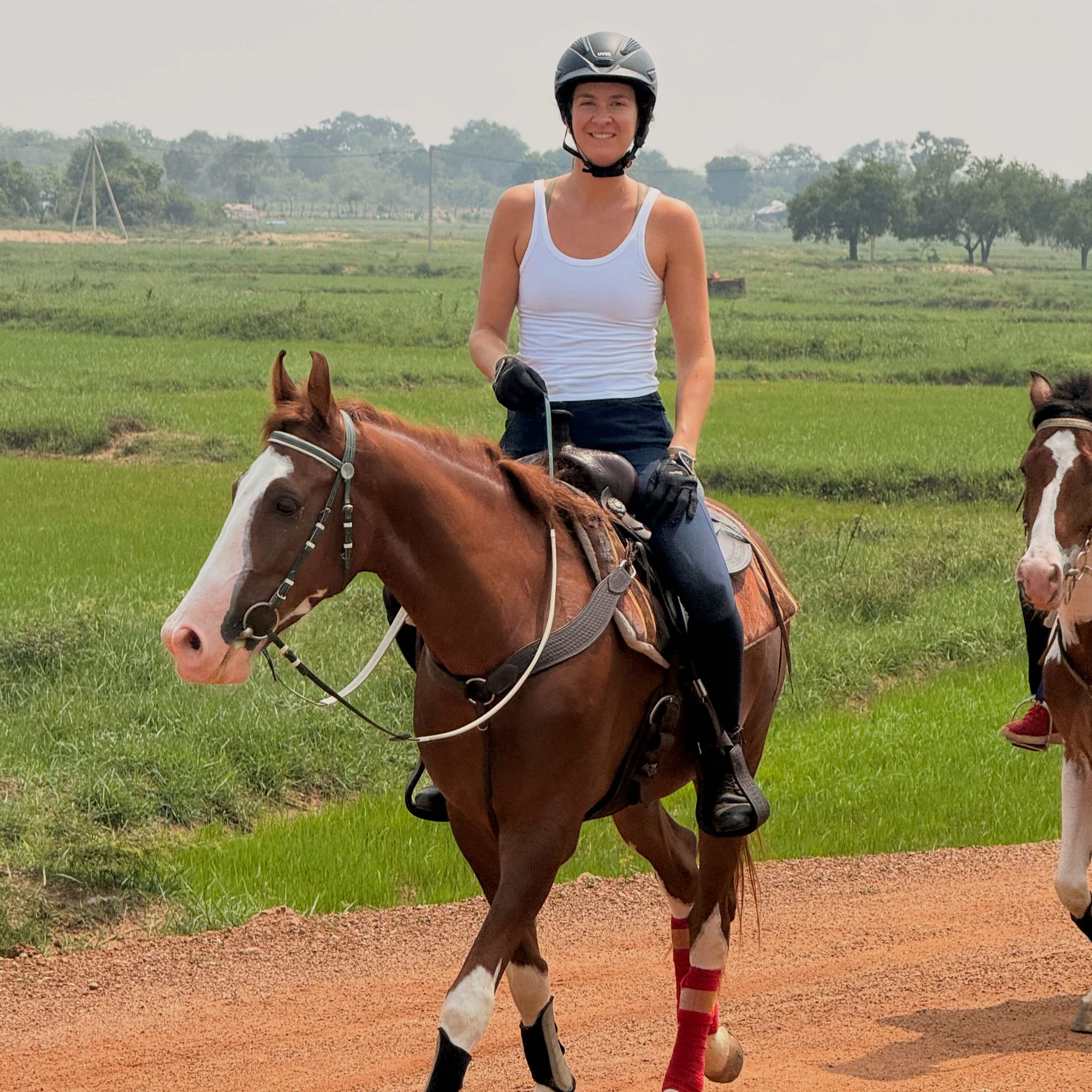 Lady walking a horse at a calm pace during a riding holiday at Vonfidel Ranch, observed under quiet early light.