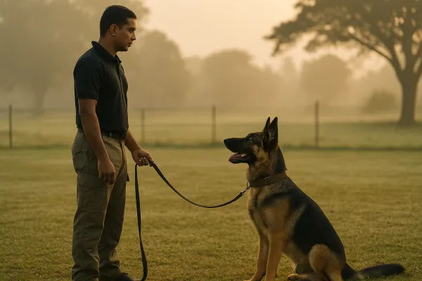 Handler and working dog in a calm focus-training session at VONFIDEL K9, demonstrating relational communication and neutral working posture.