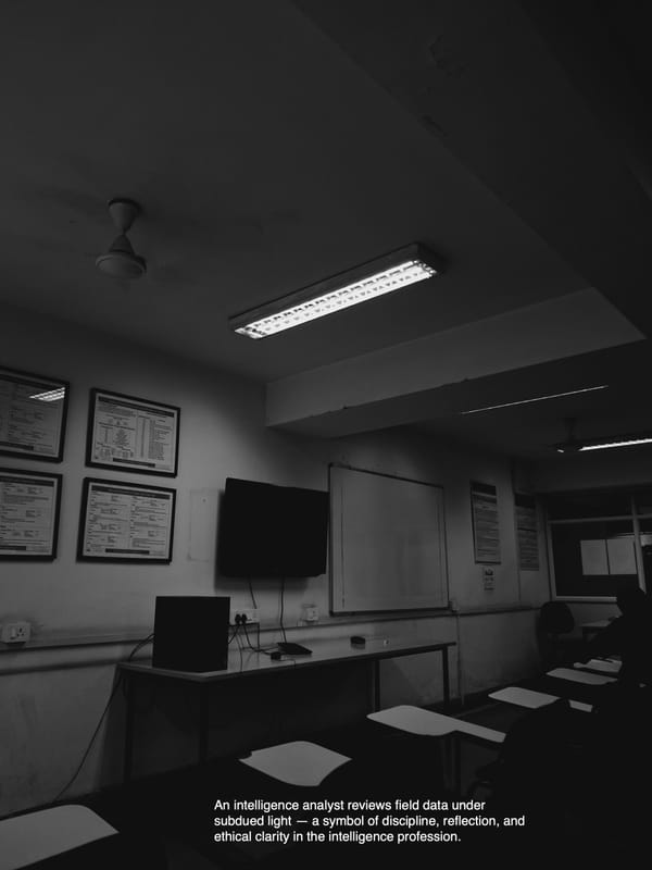 An intelligence analyst reviews field reports in a dimly lit room, symbolizing ethical intelligence, calm authority, and Sri Lanka’s evolving security culture.