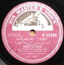 Vintage vinyl record spinning under warm golden light, symbolizing timeless melodies and the enduring legacy of classic Hindi film music across generations.