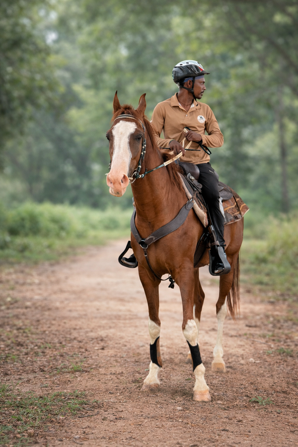 Horse and rider standing calmly at rest before a trail ride, illustrating disciplined and ethical horsemanship practice.