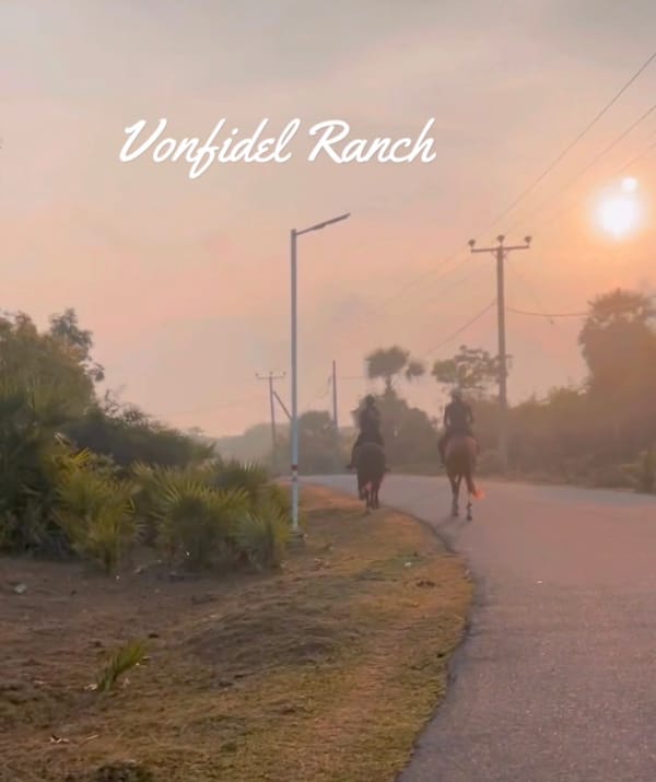 Wranglers riding out at 5:30 a.m. at Vonfidel Ranch as first light settles over the land during the morning work routine.