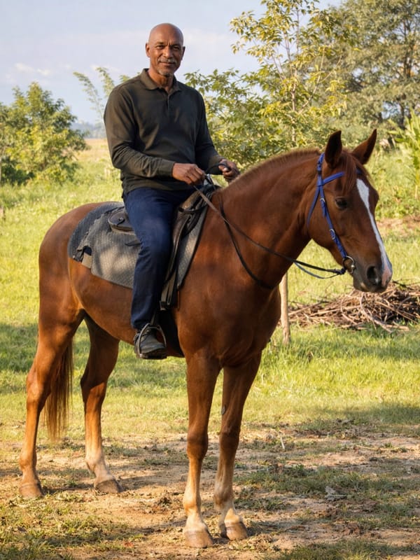 Rider on a chestnut horse in natural terrain at Vonfidel Ranch, Sri Lanka, illustrating calm alignment and trust before a trail ride.